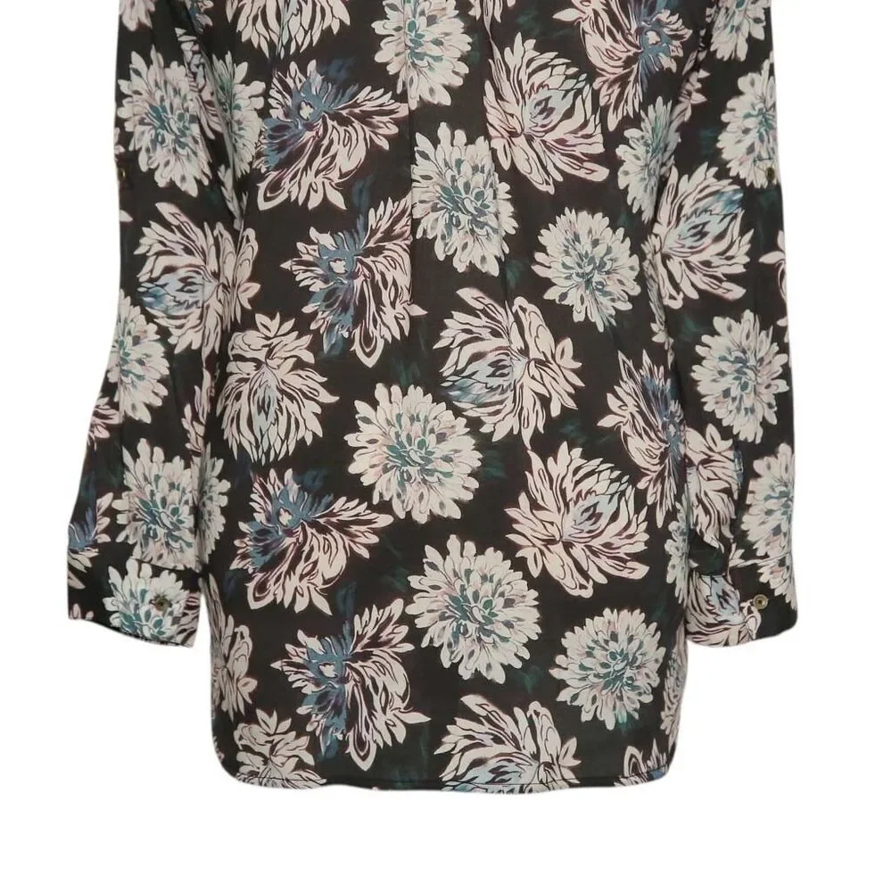 Womens Floral Shirt Black Pink Blue Blouse Button Up Dressy Top Medium Work - Picture 7 of 7